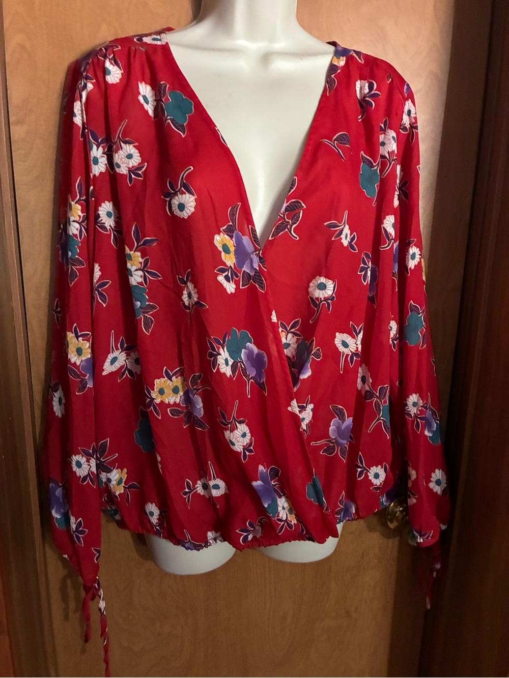Collective Concepts Red Floral Wrap-Front Long Sleeve Blouse